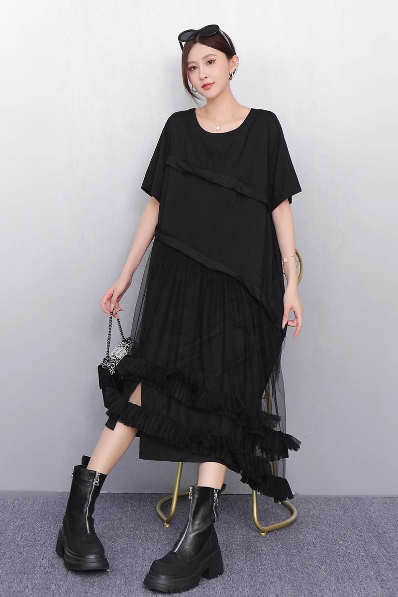 2025春夏新作 レディース イレギュラーメッシュTシャツ ルーズロングワンピース 半袖ワンピース 卸売 J1179