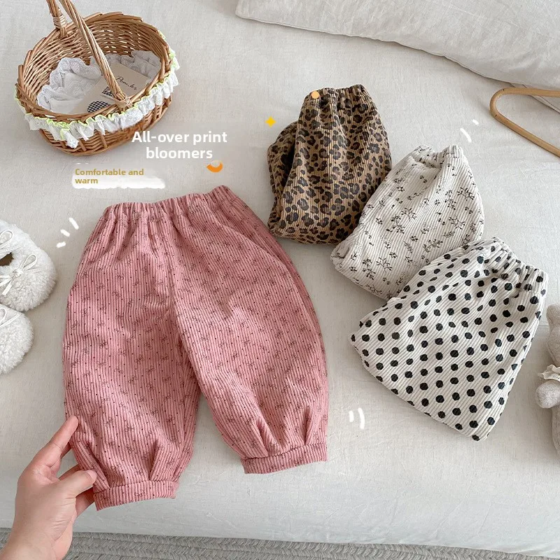 Girls' Stylish Lantern Pants 2025 New Winter Children's Korean Version Polka Dot Plus Fleece Pants Baby Fashion Leopard Pants
