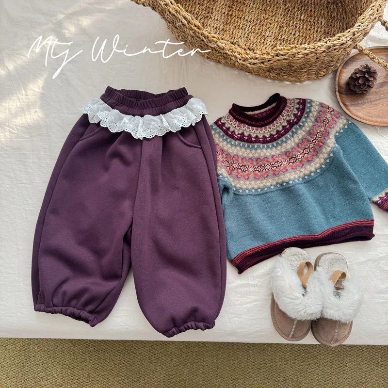 

Korean Winter Children Girls Fleece Pant Lace Spliced Toddler Kids Girls Sweatpant Loose Casual Velvet Infant Babys Girl Trouser