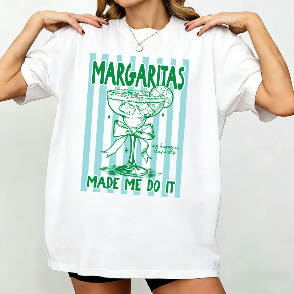 Margaritas Made Me Do It Graphic T Shirt Women Cotton Coquette Cocktail Lover Retro Striped Short Sleeve Casual Party Outfit
