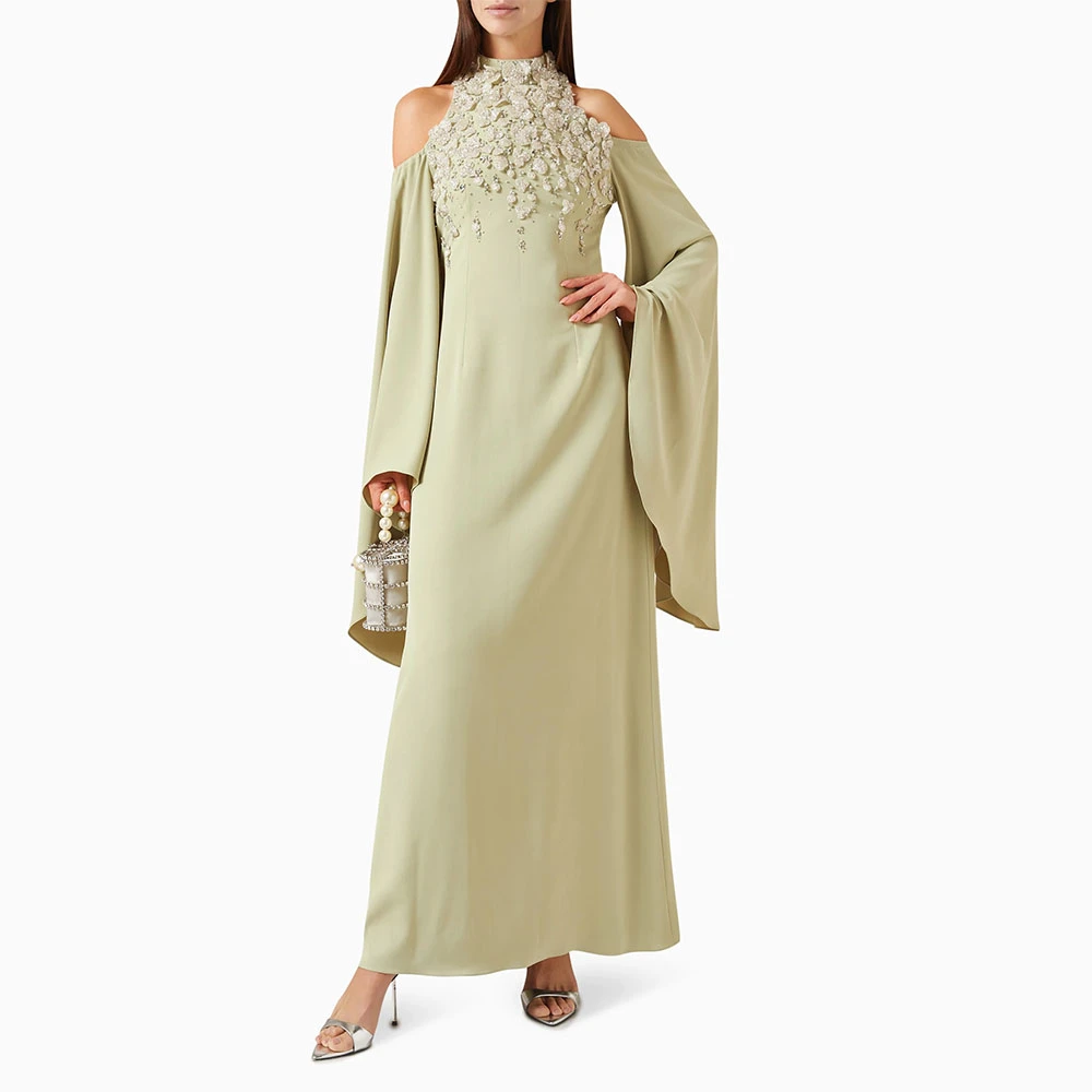 

Sheath Prom Dress O Neck Off The Shoulder Evening Dress Flowers Beading Formal Wedding Party Dress Floor Length Saudi Gown