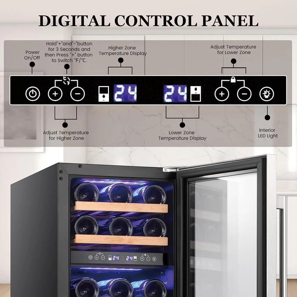 28 زجاجة النبيذ الثلاجة قائما بذاته المدمج في نطاق درجة حرارة المبرد 41F-68F باب زجاجي التهوية الأمامية التحكم الرقمي