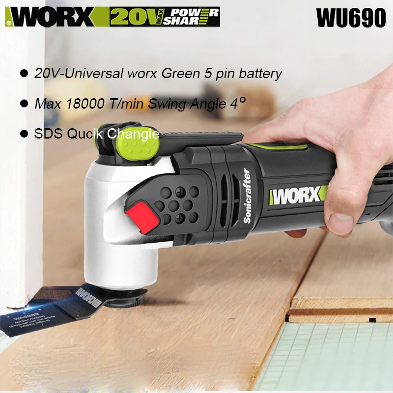 Worx WU690 Wireless Oscillating Multi-Tools Brushless 20v Max 18000T/min Swing Angle 4 Shock Absorbing Universal Green Battery