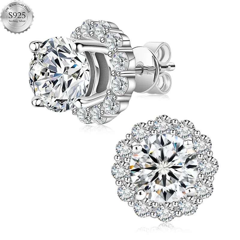 925 Sterling Silver 1 Carat Moissanite Round Earrings Engagement Wedding Daily Work Party Travel Luxurious Gift For Women