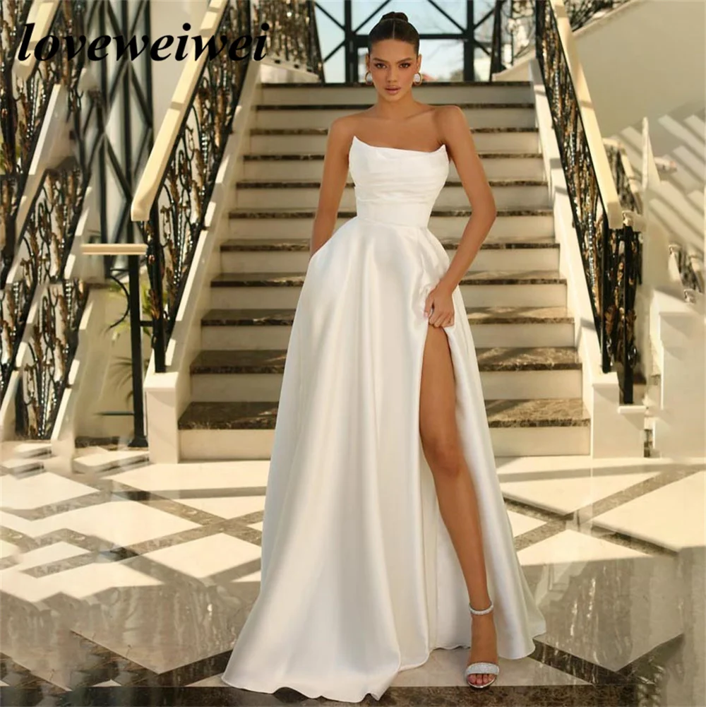 Sexy Strapless Evening Dresses For Women A Line High Side Slit Prom Dress Satin Long Formal Party Gowns robes de soirée