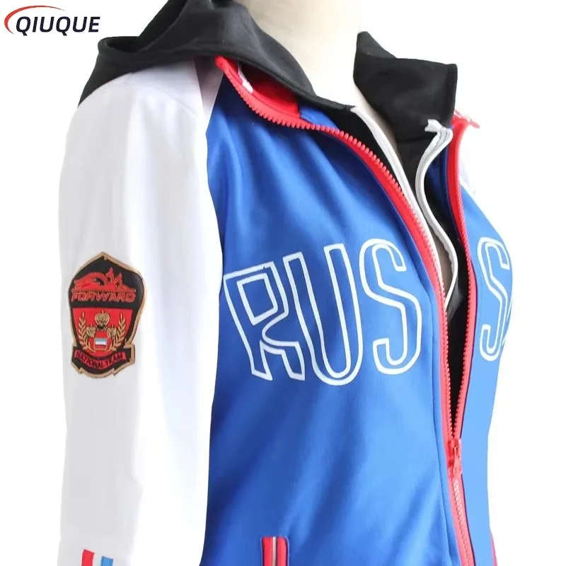 Yuri Plisetsky 코스프레 뜨거운 애니메이션 YURI!!! ICE 코스프레 의상 Yuri Blue Jacket Coat 유니섹스 데일리 스포츠웨어 Fake False 2 piece