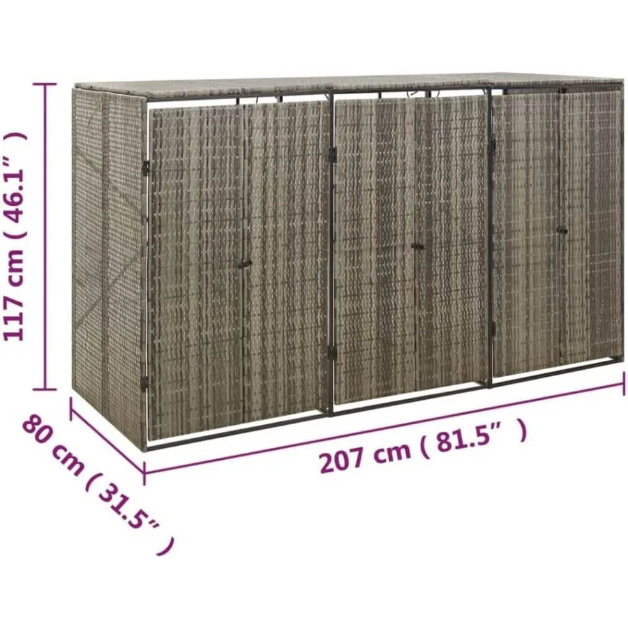 Triple Wheelie Bin Shed 81.5x31.5x46.1 for outdoor use, poly rattan material, charcoal gray, weather-resistant and lockable des