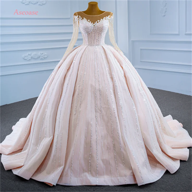 

Aseoase Real Photo Muslim Wedding Dresses Ball Gown Long Sleeves Crystals Luxury Dubai Arabic Wedding Gown Bridal Dresses