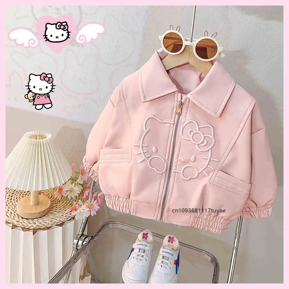 2025 Spring Hello Kitty Embroidery Toddler Girls Pu Leather Jackets Clothing Kawaii Zipper Jacket Outerwear Zipper Casual Coat