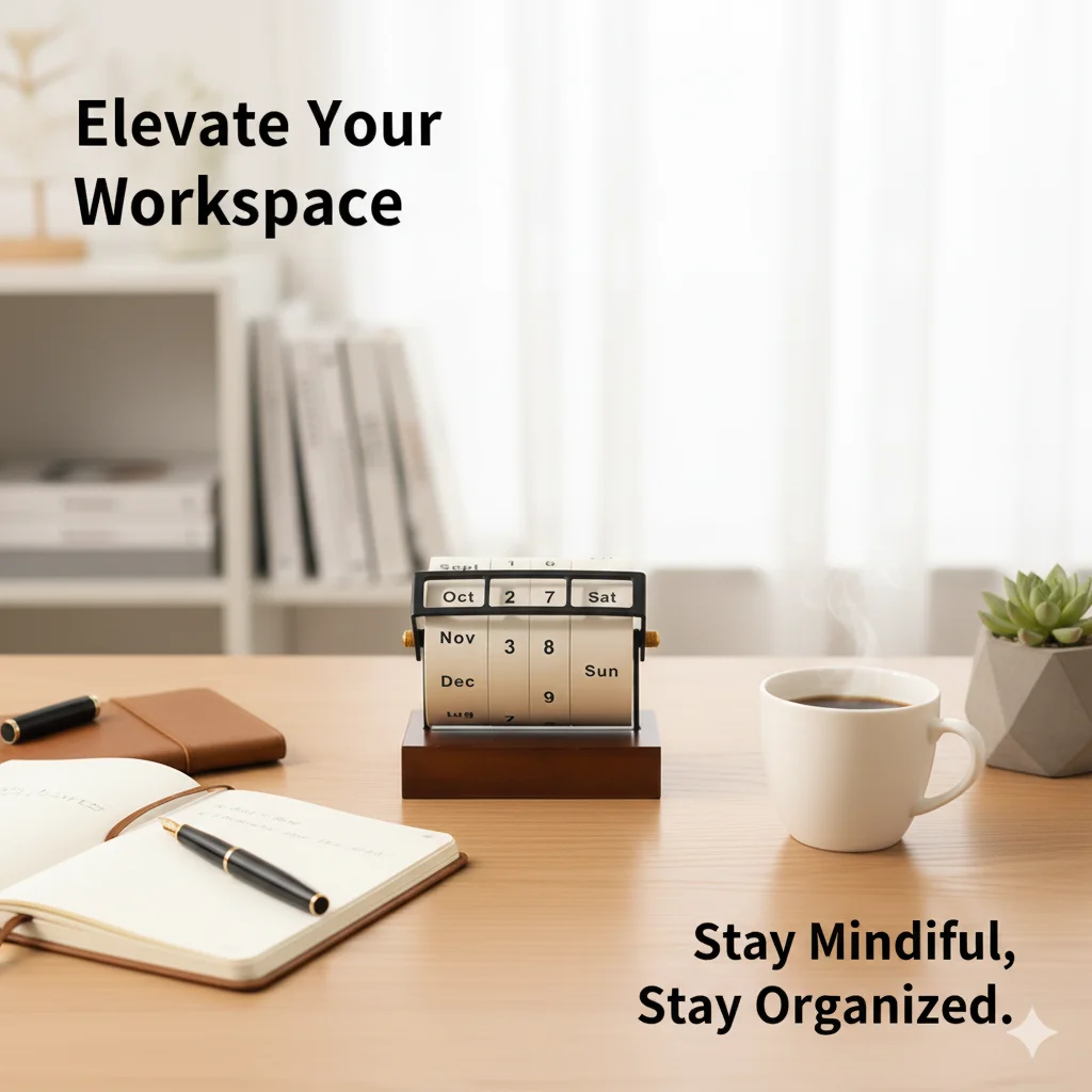 

Retro Style Perpetual Calendar with Rotating Wheel and Wooden Base, Day & Month Indicator for Vintage Office Home Desk Decor