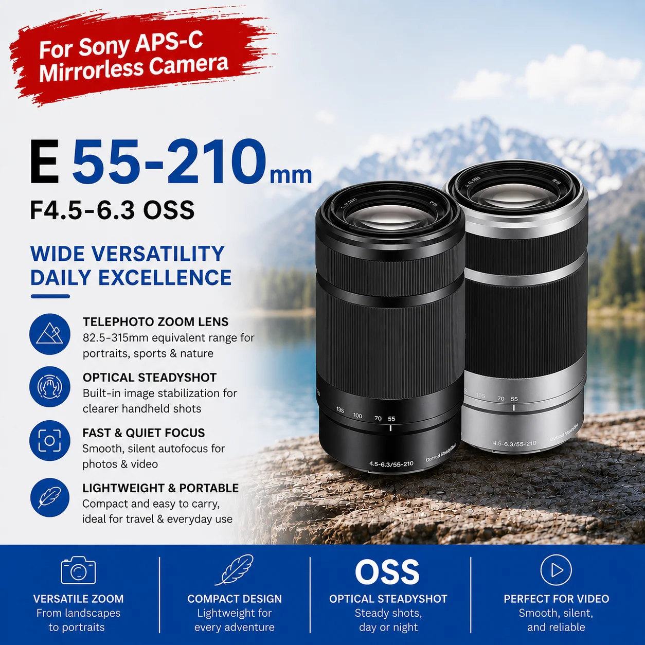 55-210 Lens E 55-210mm f/4.5-6.3 OSS E-Mount Lens (SEL55210) For Sony A5000 A5100 A6000 6100 A6300 A6400 A6500 A6600 ZV-E10 NEX6
