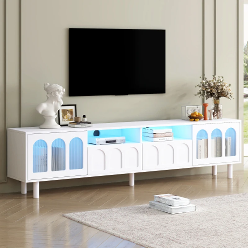 ON-TREND Cream Style TV Stand with LED Light Strip for TVs Up to 80'', Graceful Entertainment Center with 5 Solid Wood Legs