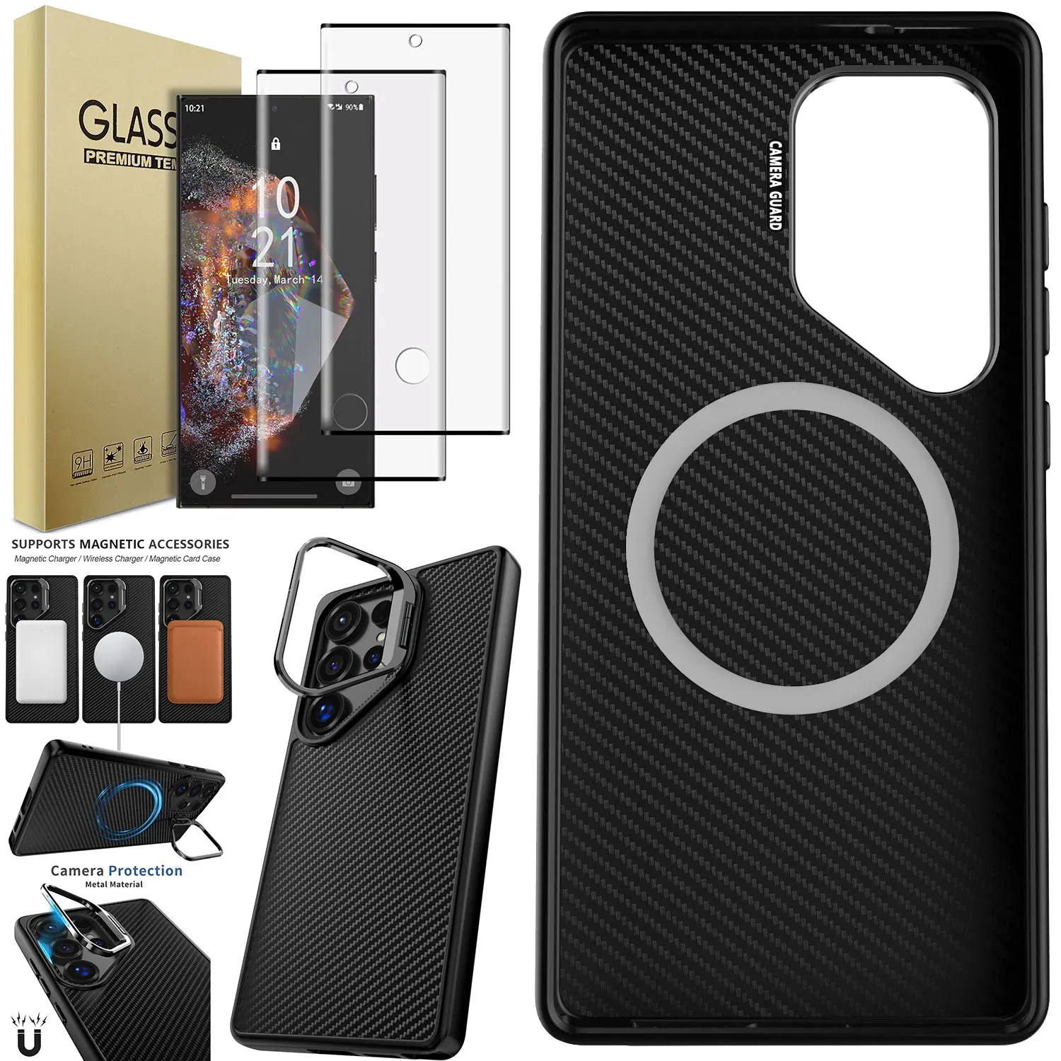

Lens Stand Holder Case Rugged Cover +2pcs Clear Tempered Glass Screen Protector For Samsung For Galaxy S24 Ultra/S24+/S24 FE/S24
