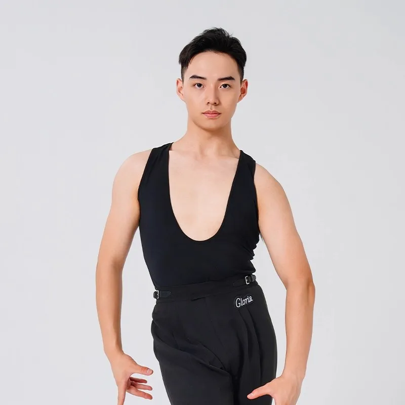 

customized men's adult Latin national standard dance training costume sleeveless U-shaped collar vest top performance costume