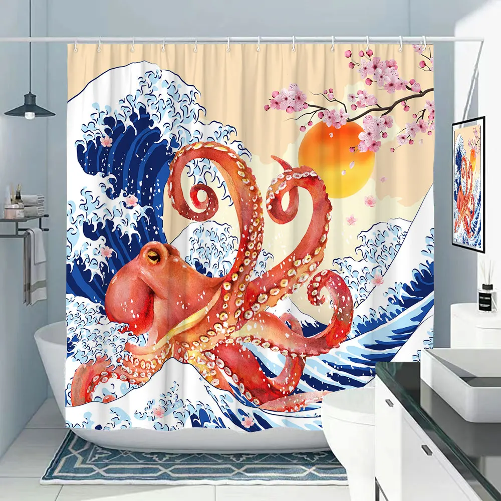 Nautical Octopus Shower Curtain Ocean Sea Turtle Beach Coastal Blue Fish Seashell Jellyfish Fabric Bath Curtains Bathroom Decor