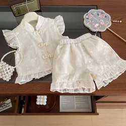 Girls Clothes Sets Summer Embroidered Shirt+Shorts Retro Princess Children Clothing Suits Toddler Girl Two Piece Set 2-7Yrs