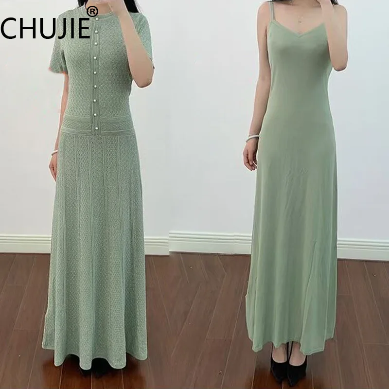 

CHUJIE Women's 2025 Spring Summer French Style Lace-Trim Dress - Round Neck Button Front Viscose Blend Maxi Dress