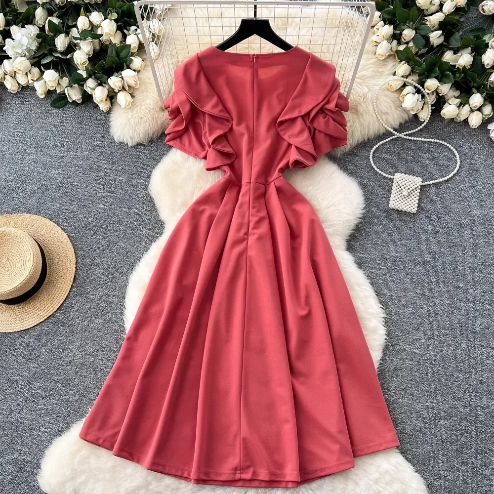 Eleganckie trójwymiarowe sukienki z krótkim rękawem Vintage O-Neck Chic Rhinestone Slim A-line Evening High Street Plus Size Clothing