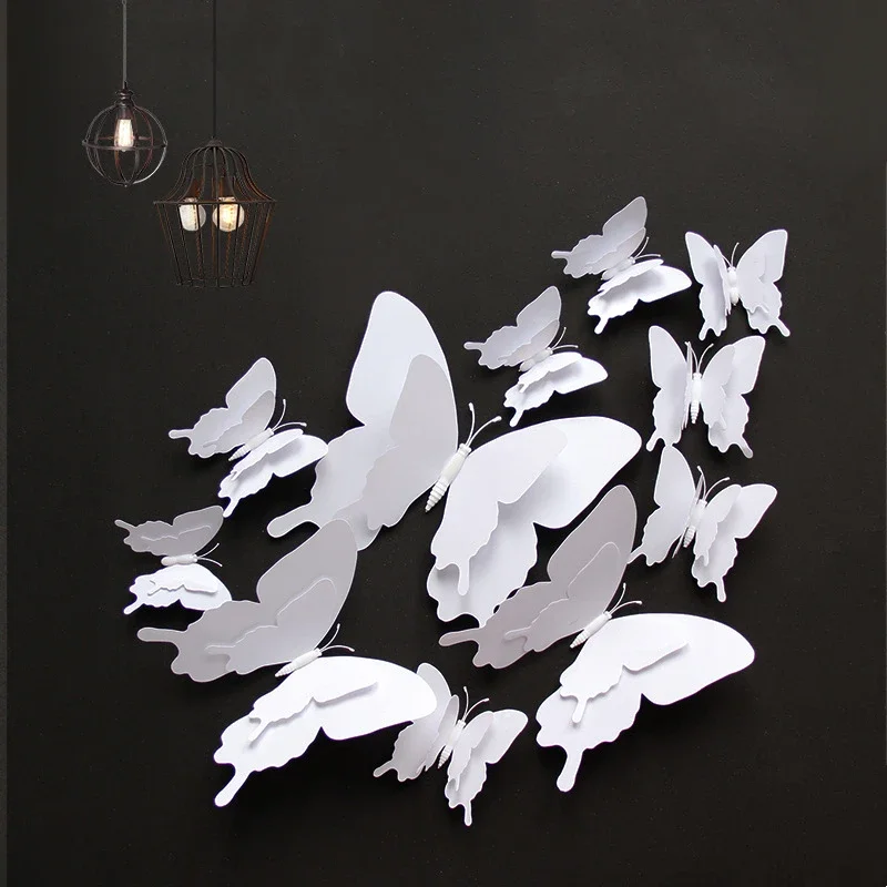 12pcs White Butterfly Wall Stickers 3D Double Layer Large Size Home Decoration Butterflies on Wall Room Magnet Fridge Stickers