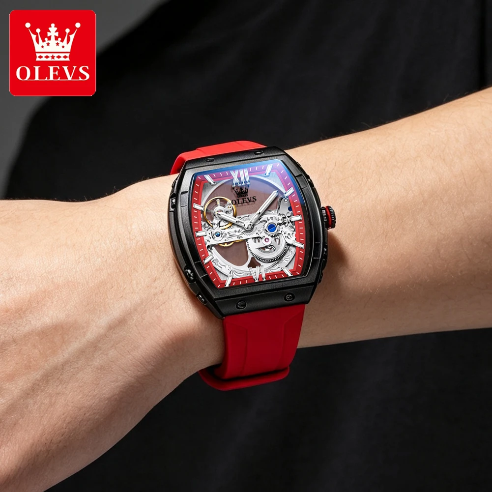 OLEVS Skeleton Automatic Watch Men Luxury Soft Silicone Strap Tonneau See Through Dial Waterproof Mechanical Watch For Men 6779