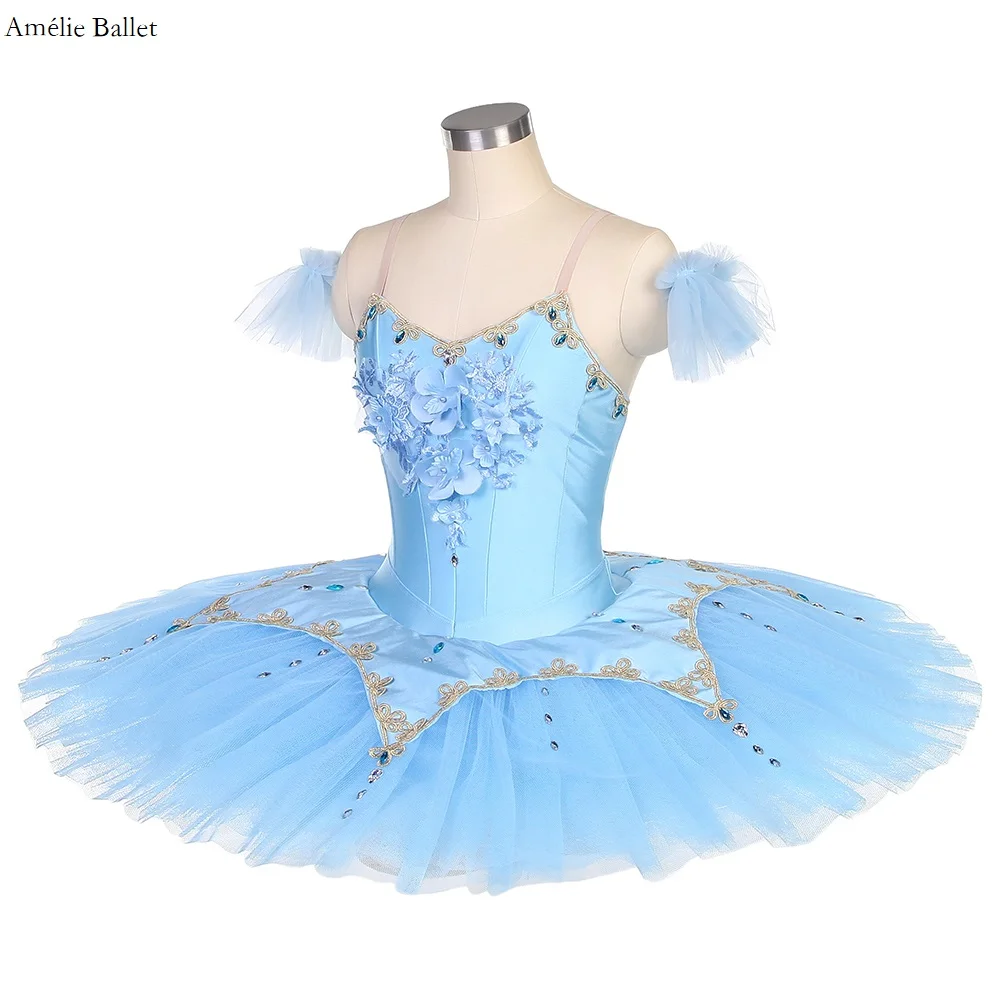 BLL509 Corpetto in spandex blu con gonna tutu pancake in tulle plissettato Ragazze Donne Costumi di performance tutu di balletto pre-professionale
