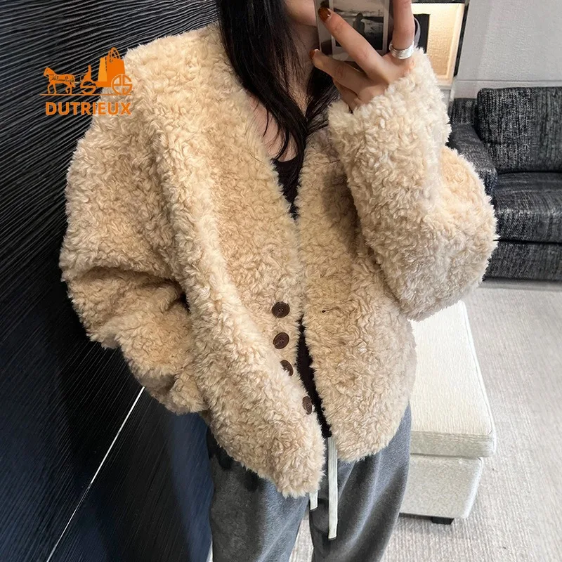 Winter V-neck Wool Fur Coat for Women, 100% Real Wool, Fashionable Travel Temperament Warm Genuine Wool Fur Jacket for Women
