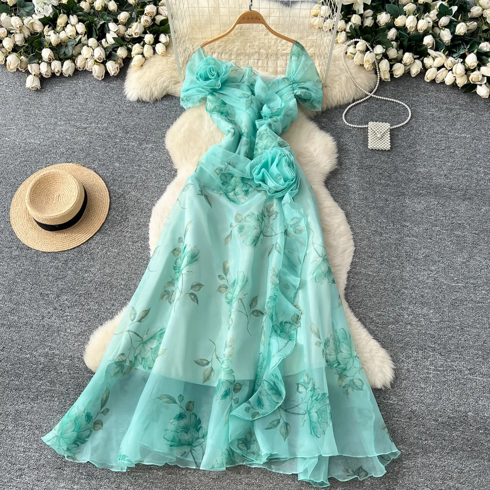 

Women Print Dresses A Line Mesh Dress 3D Flowers Ankle Lenth Short Sleeves Waist Cinch Slim Fit Casual Office Lady 2025 Summer