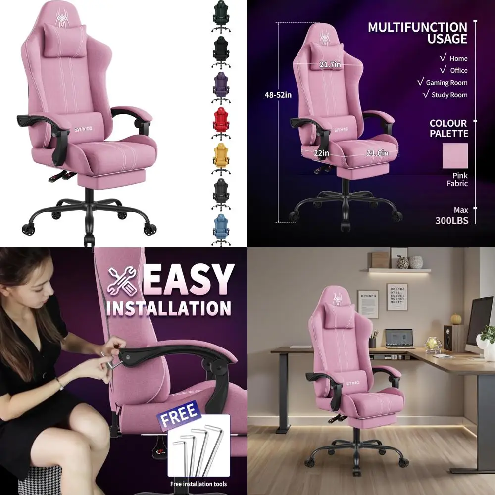 Ergonomic Fabric Gaming Chair with Footrest and Lumbar Support for Big and Tall Gamers - Breathable Computer Chair with Headrest
