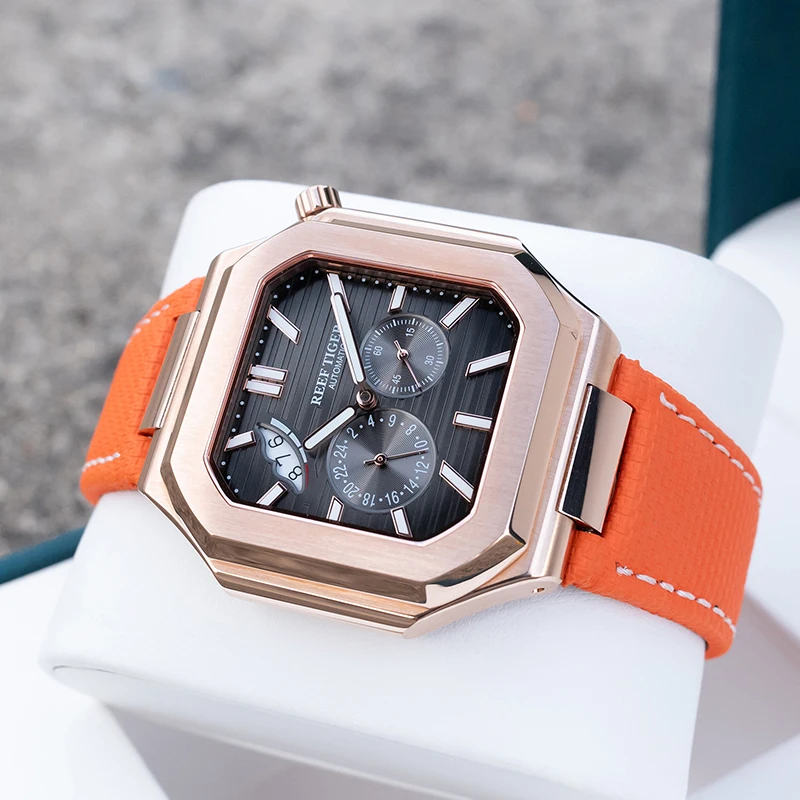 Reef Tiger Мужские автоматические часы 44 мм Квадратные механические наручные часы Водонепроницаемые светящиеся сапфировые часы с запасом хода Дата 24-часовой циферблат