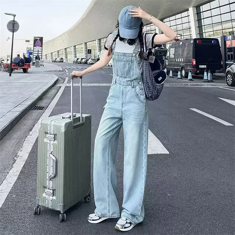 

American Retro Workwear Women's Denim Overalls Faion Straight Leg Loose Wide Leg Jumpsuit High Waist Long Pants