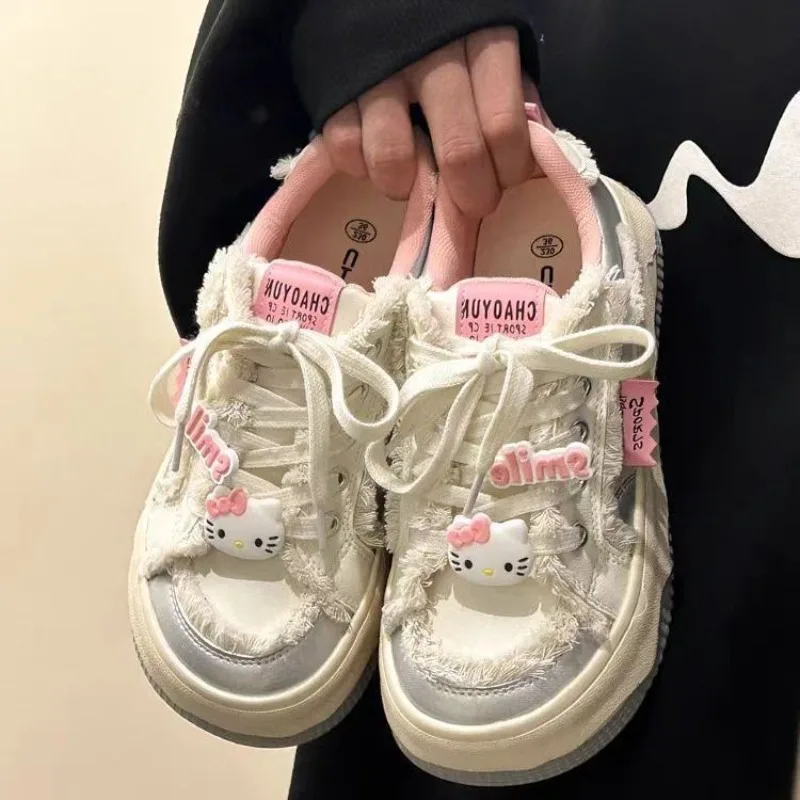 35-40 zapatos de Hello Kitty, zapatos de plataforma con lazo, zapatos blancos, estilo Preppy, zapatillas de plataforma informales versátiles para estudiantes, zapatos de mujer