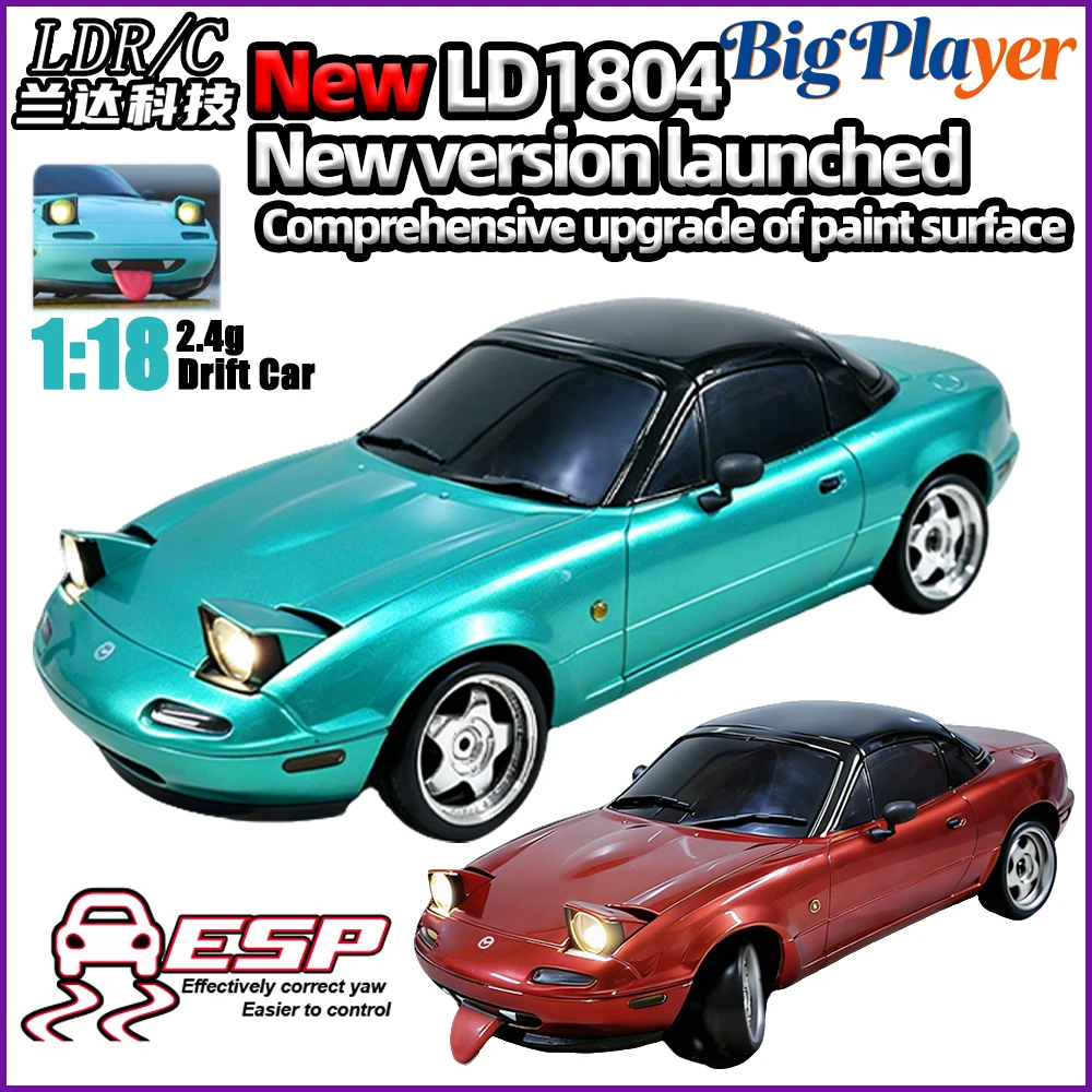 LDRC Upgraded LD1804 1:18 MX-5 RWD RC Drift Car Gyro Stabilization with LED Headlights & Funny Tongue Design 2.4G Remote Car Toy