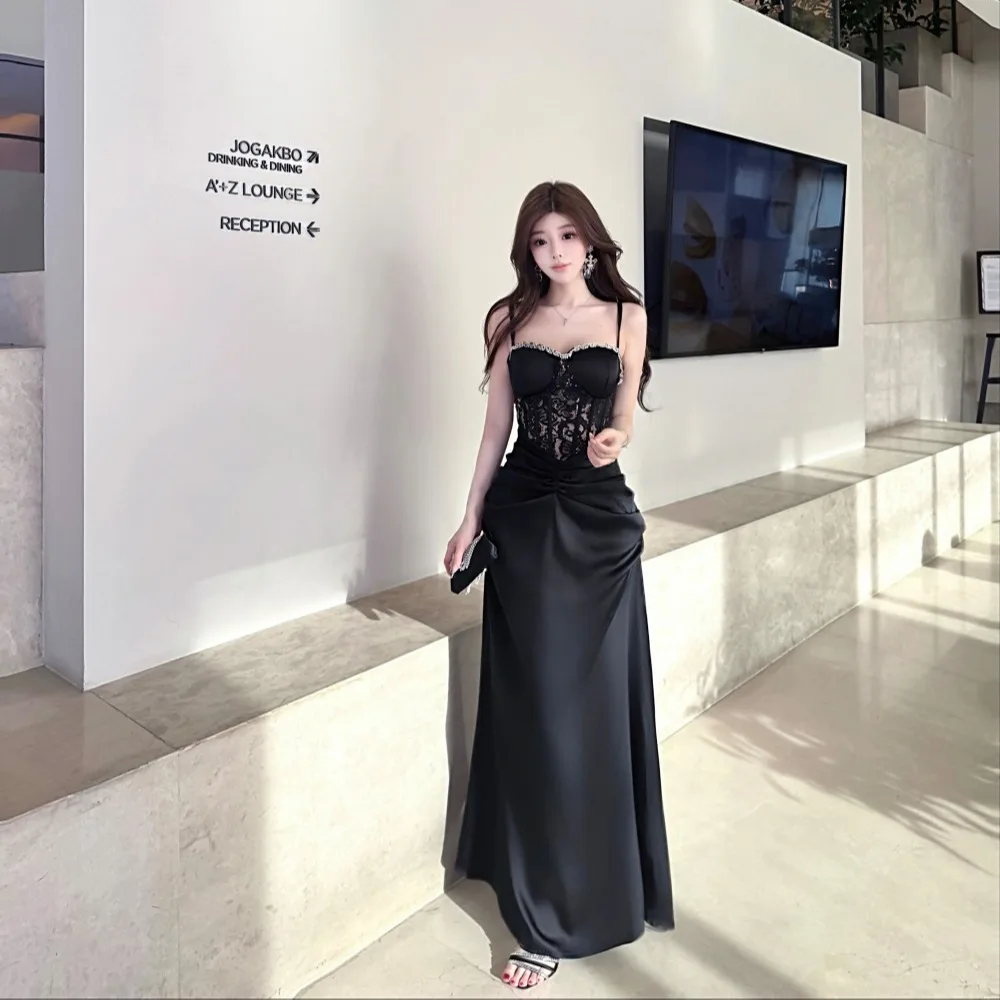 2025 ภาษาฝรั่งเศสคําซาติน High End Elegant ชุดราตรีผู้หญิงฤดูร้อนเซ็กซี่สปาเก็ตตี้ชุดที่มีความซับซ้อน Mature สไตล์ Party Dress