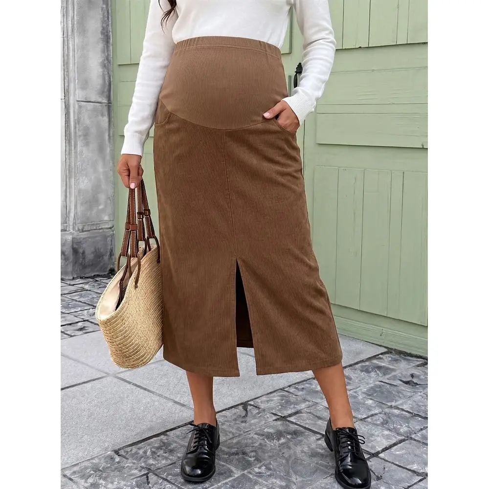 Pregnant women with pockets Corduroy brown long dress Autumn winter casual home support elastic skirt Pregnant women hip skirt
