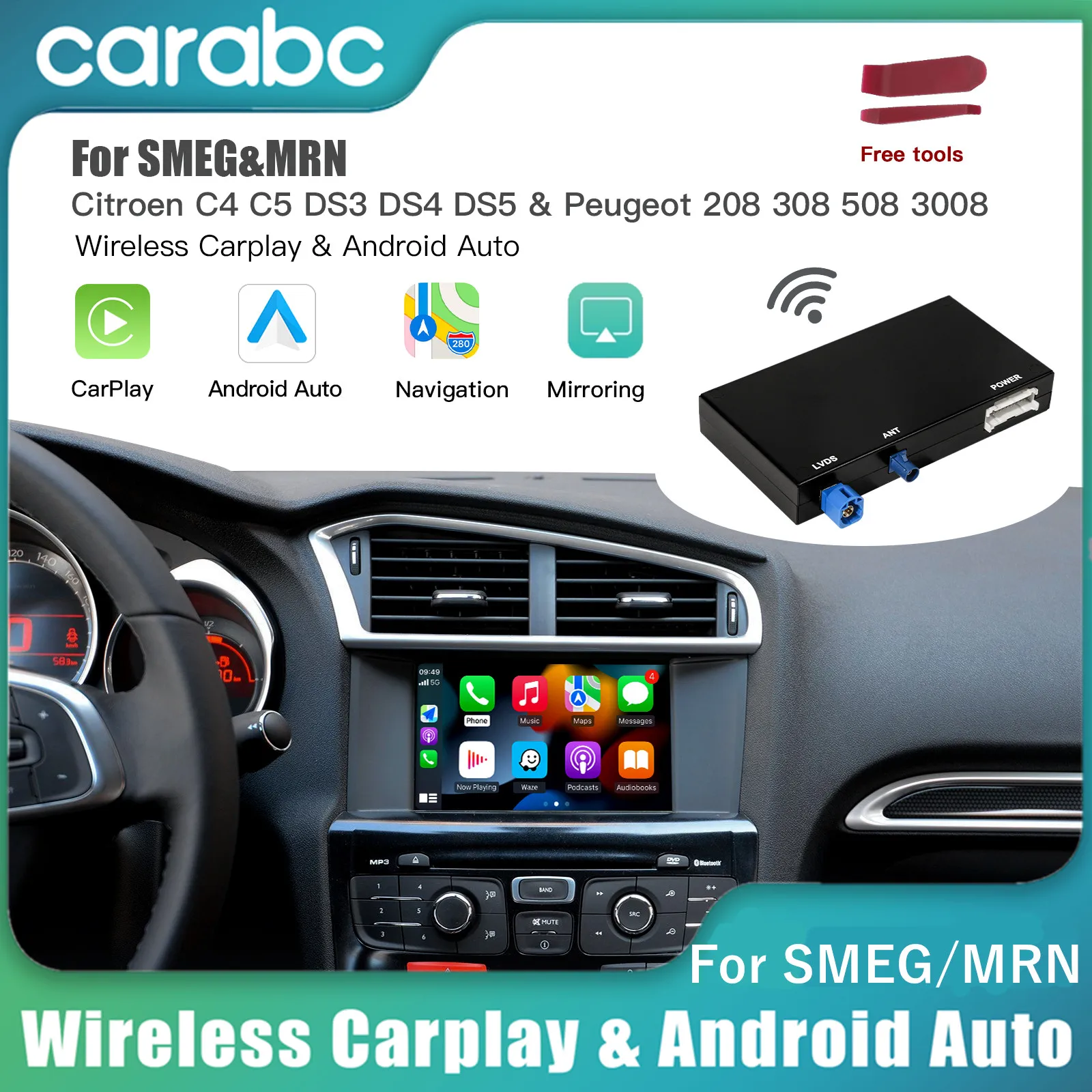 CARABC Wireless Android Auto Carplay Fits For Peugeot&Citroren SMEG&MRN  208 308 508 3008&C4 DS3 DS4 DS5 Reverse Camera