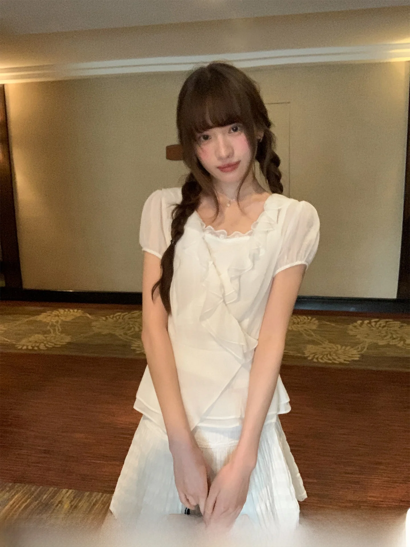 

Sweet Style Lace Trimmed Asymmetrical Tie Two-Piece Set Short Sleeve V-Neck Cotton Blend Elastic Fiber Summer Youthwear