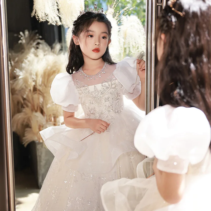 Sequins Girls Dress for Party Wedding White Long Sleeve Dress Formal Children Retro Princess Pageant Gown Kids Dresses for Girls