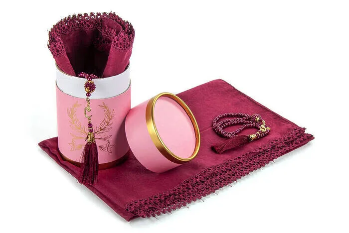 IQRAH Custom Mom Set With Cylinder Box-Pearl Rosary-Cotton Patterned Fistle Mevlid-Red Color