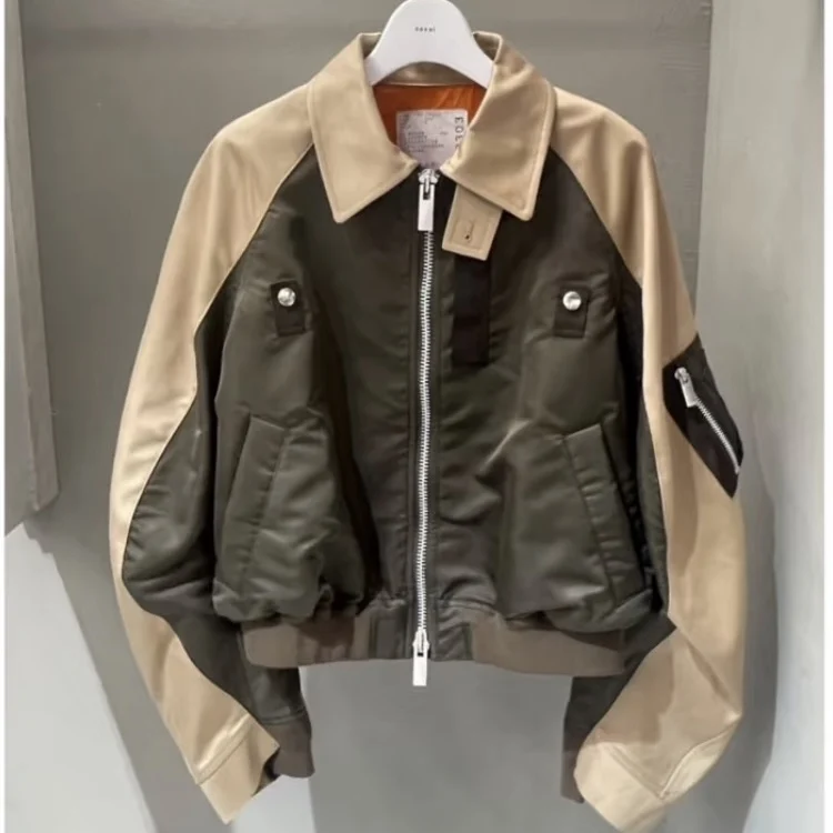 

Куртка-бомбер FOG SACAI Весна 2026 с цветовыми блоками, женская, укороченная, из полиэстера, свободного кроя, с карманами на молнии