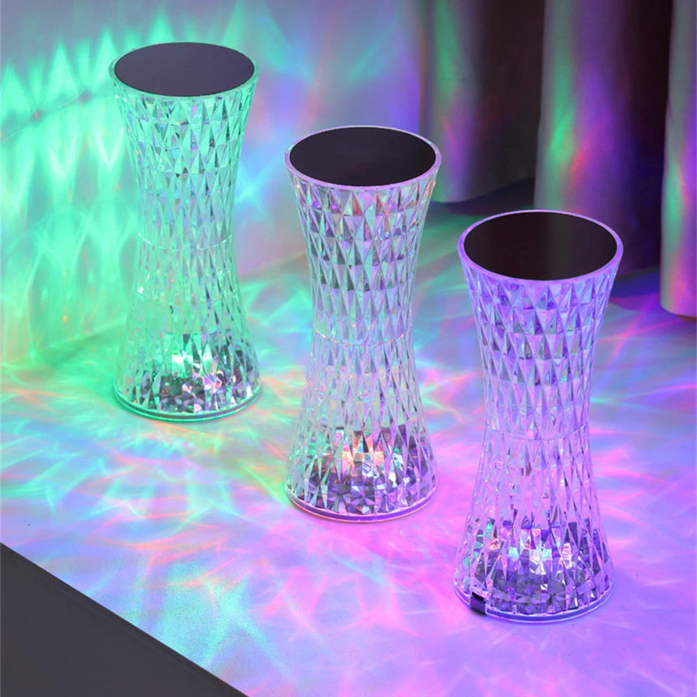 Crystal Table Lamp RGB Night Light Small Waist Projector USB Touch Lamp LED Romantic Diamond Atmosphere Light Room Decoration