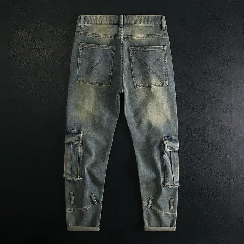 Multi pocket patchwork jeans for men, slim fit, small feet, elastic retro, high-end motorcycle riding trend, heavyweight pants