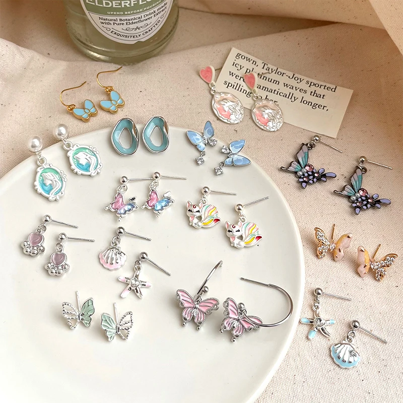 

Real 925 Sterling Silver Enamel Butterfly Starfish Shell Stud Earrings For Women Vintage Fine Jewelry Summer Accessories