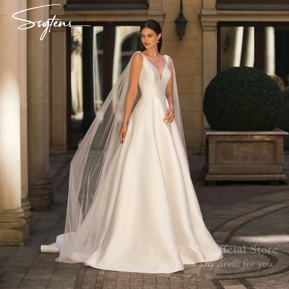 

SSYTENS простые атласные свадебные платья на тонких бретельках длиной до пола, трапециевидное платье невесты на пуговицах, индивидуальное платье 2026 Vestido De Noiva