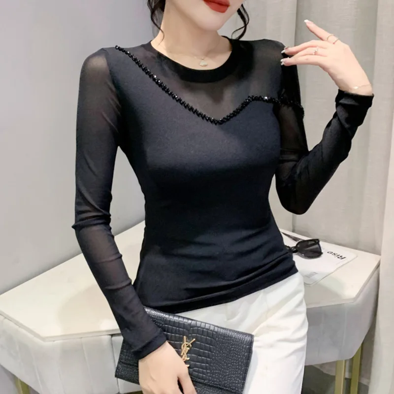 

#7920 Black Green Perspective Mesh T Shirt Women Thin Sexy Tight Basic T Shirt Long Sleeve Office Lady Tee Shirt Femme O-neck