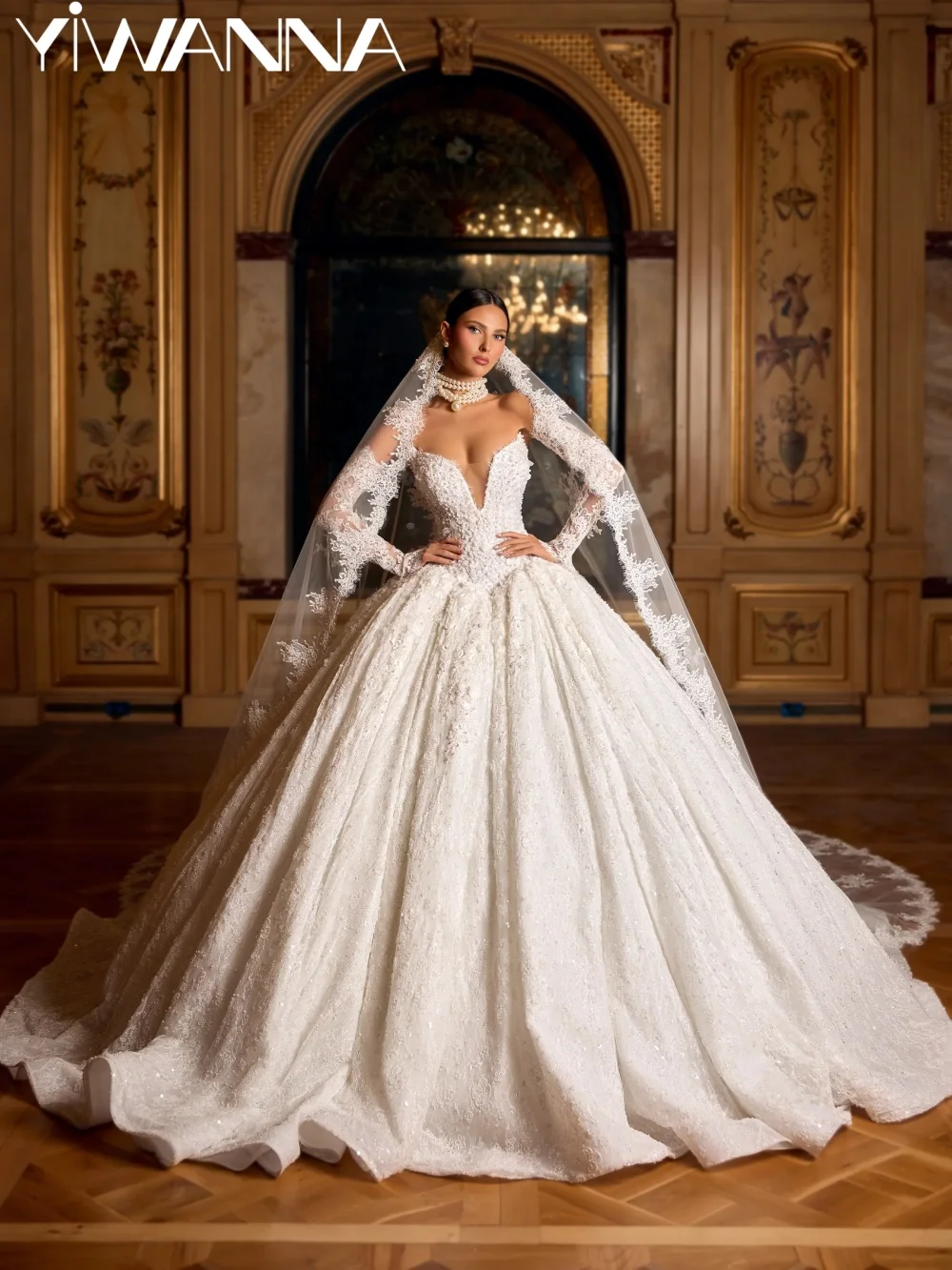 

Lace Sparkling Pearls Long Wedding Dress Luxury Detachable Sleeve Vneck Bridal Gown Customized New Elegant Dresses For Bride