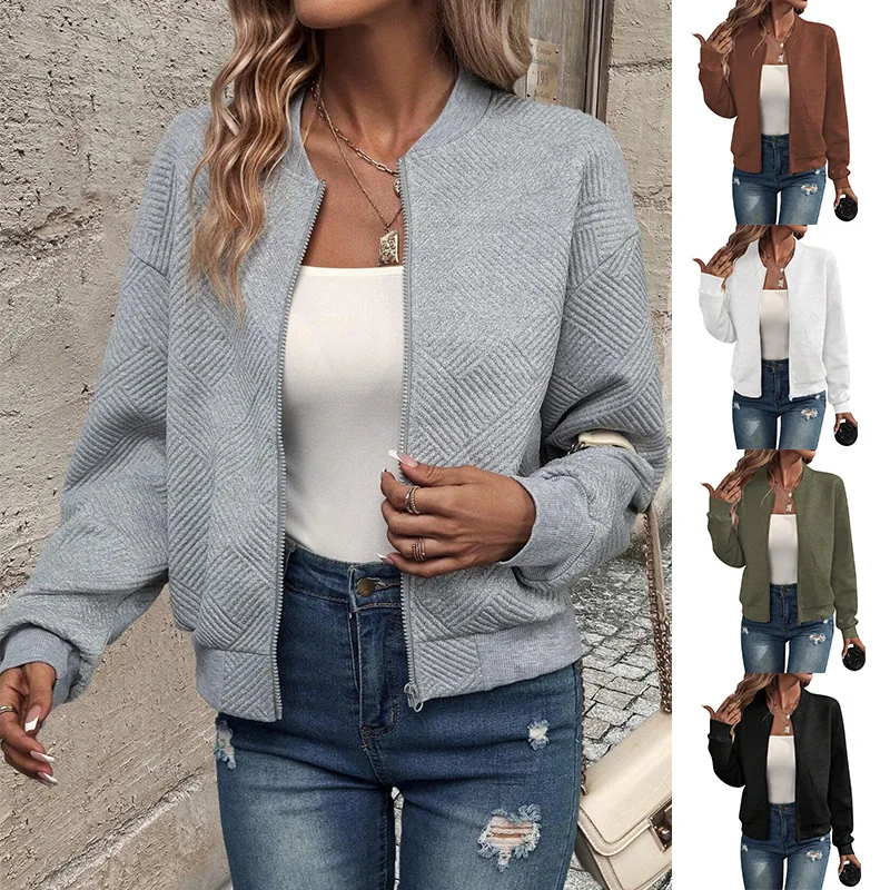 Women's autumn and winter new solid color simple and exquisite zipper jacket baseball collar casual jacket