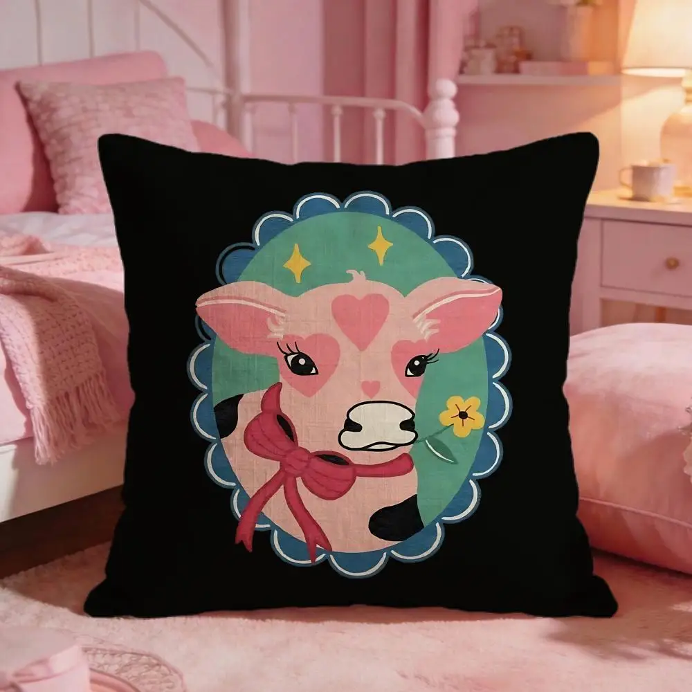 Cute Cow Illustration Cushion Cover Premium Comfort Reversible Pillow Cove -Two in One Design for Any Room & Car Interior