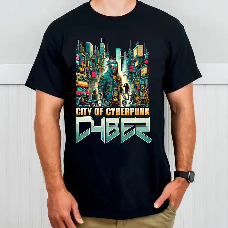 

Cyberpunk City T-Shirt, masked figure in neon skyline with dystopian flair, gift for sci-fi fans and futurists, crewneck unisex