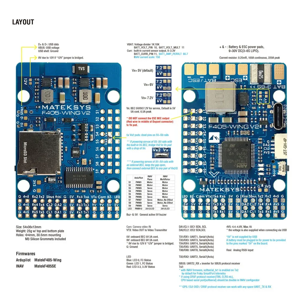 Matek MATEKSYS F405 WING V2 STM32F405RGT6 Flight Controller Built-in ICM42688P OSD SD Slot For ArduPilot / INAV RC Toy Airplane