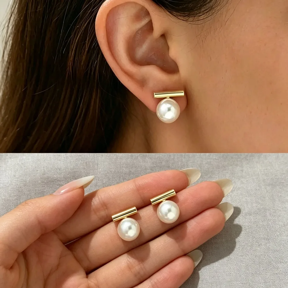 Minimalist Trend Imitation Pearl Stud Earrings Gold Alloy Acrylic Beads for Women Daily Party Present Gift